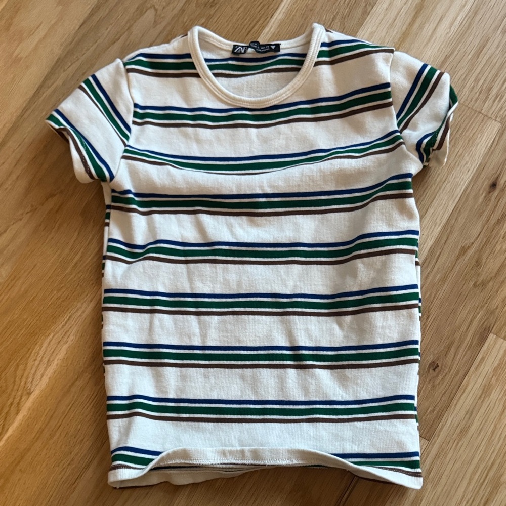 Zara Cream and Green Striped Tee